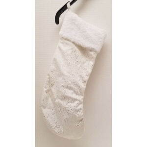 White fur and cream colored gold speckled Christmas stocking 19"
